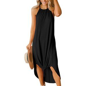 Women Black Summer Casual Sleeveless Side Slit Halter Long Maxi Beach Dress